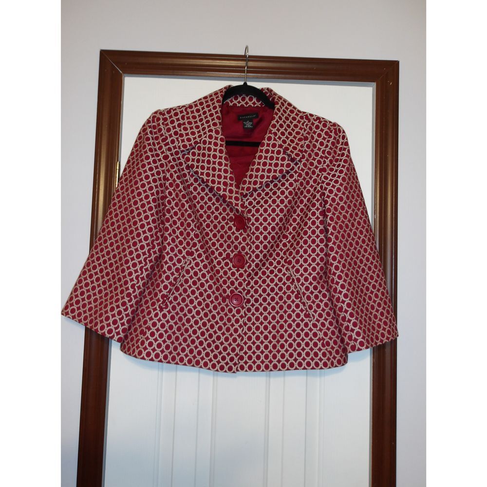 Rafaella Red & White Geometric Pattern Cropped Blazer Professional Jacket